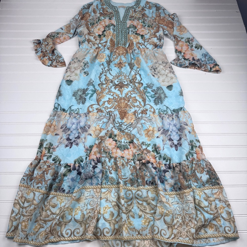 Soft Surroundings Women's P Small Blue Floral Maxi Dress Beading Embroidery